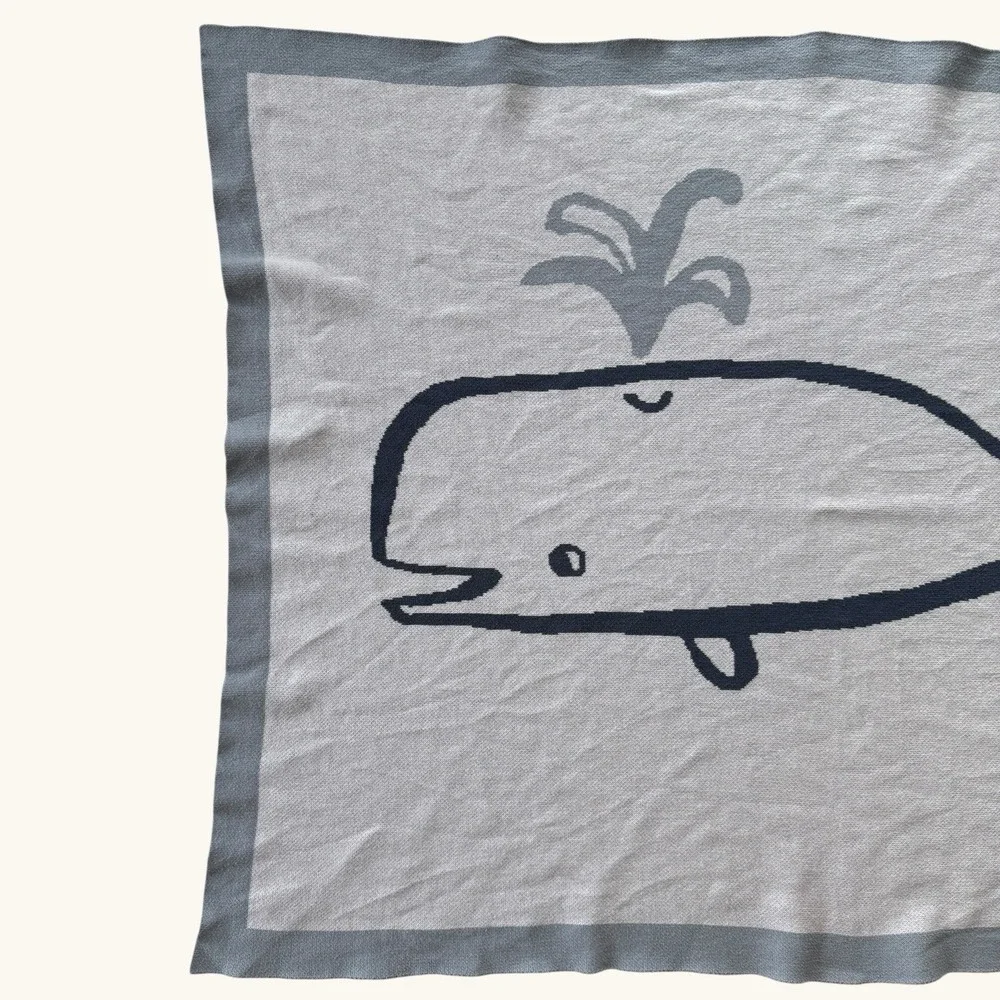 Nordstrom Whale Baby Blanket Blue‎ Gray Cotton Knit Nautical One Size 37.5x28.5
